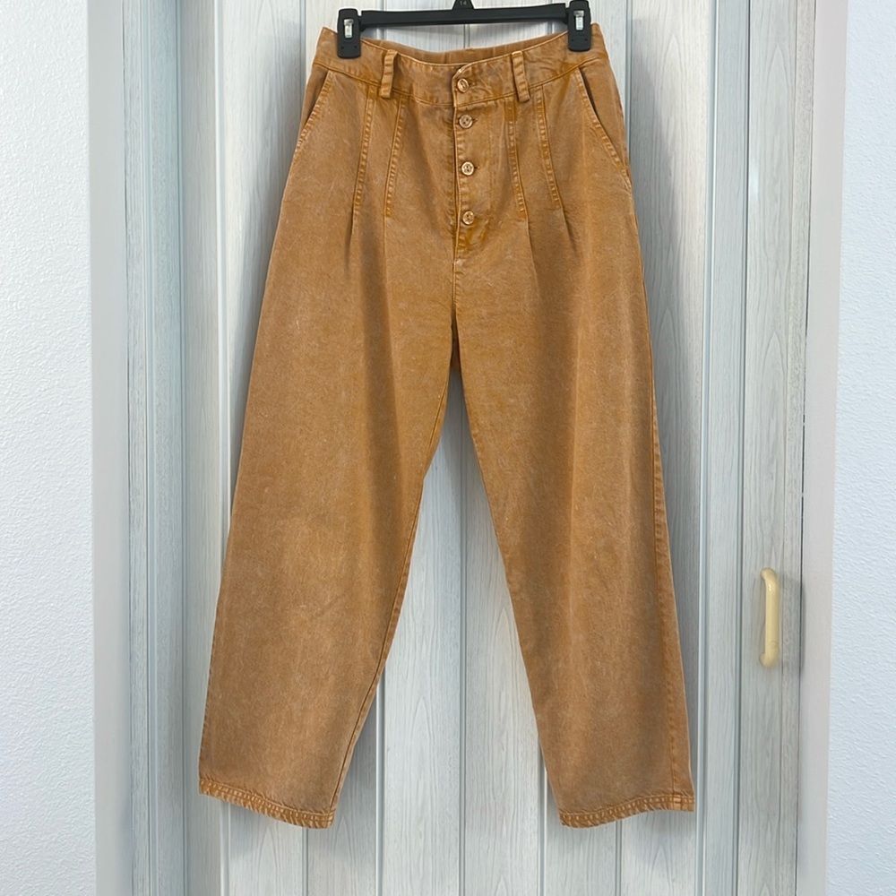 YFB Women's Large Pants Gold Acid Wash Button Up Trouser Stretch Waistband
